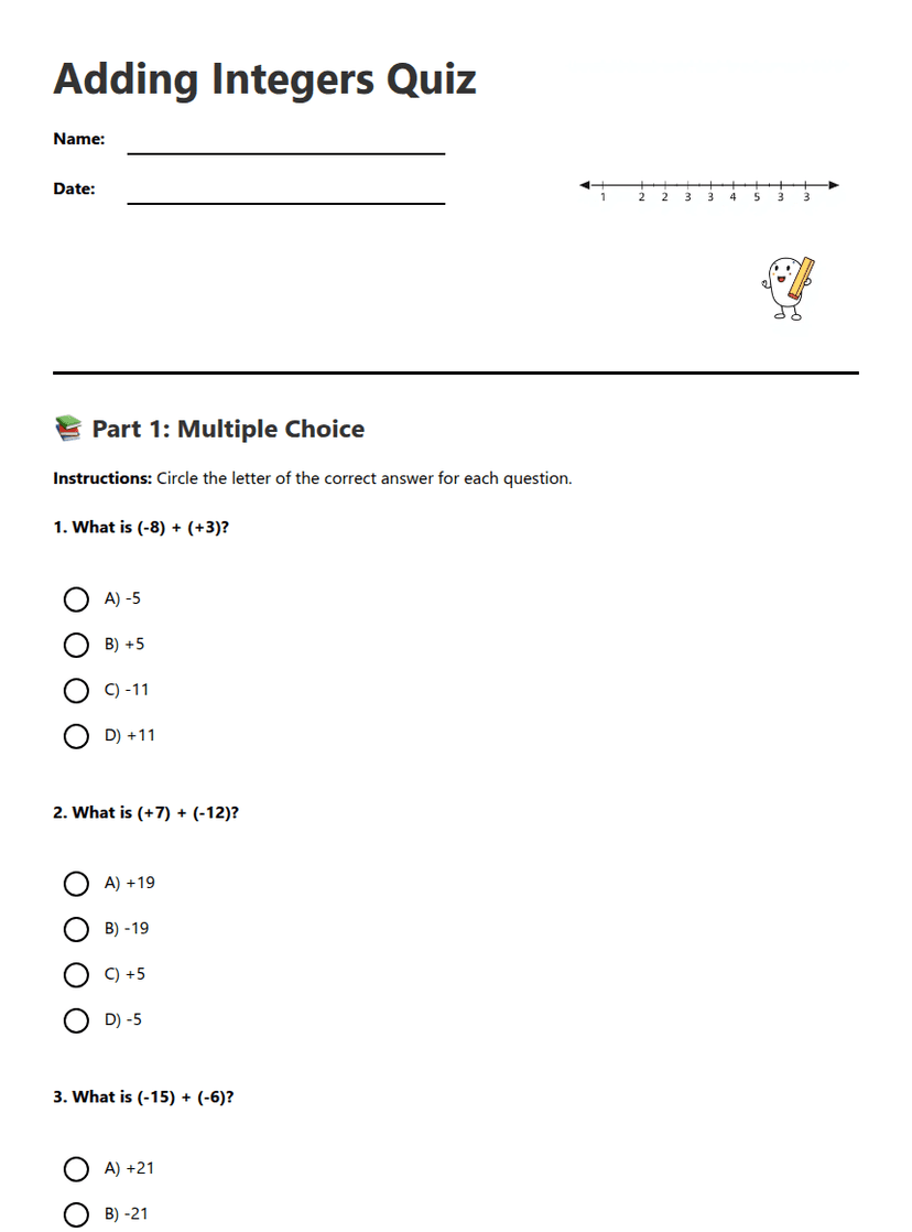Adding Integers Quiz
