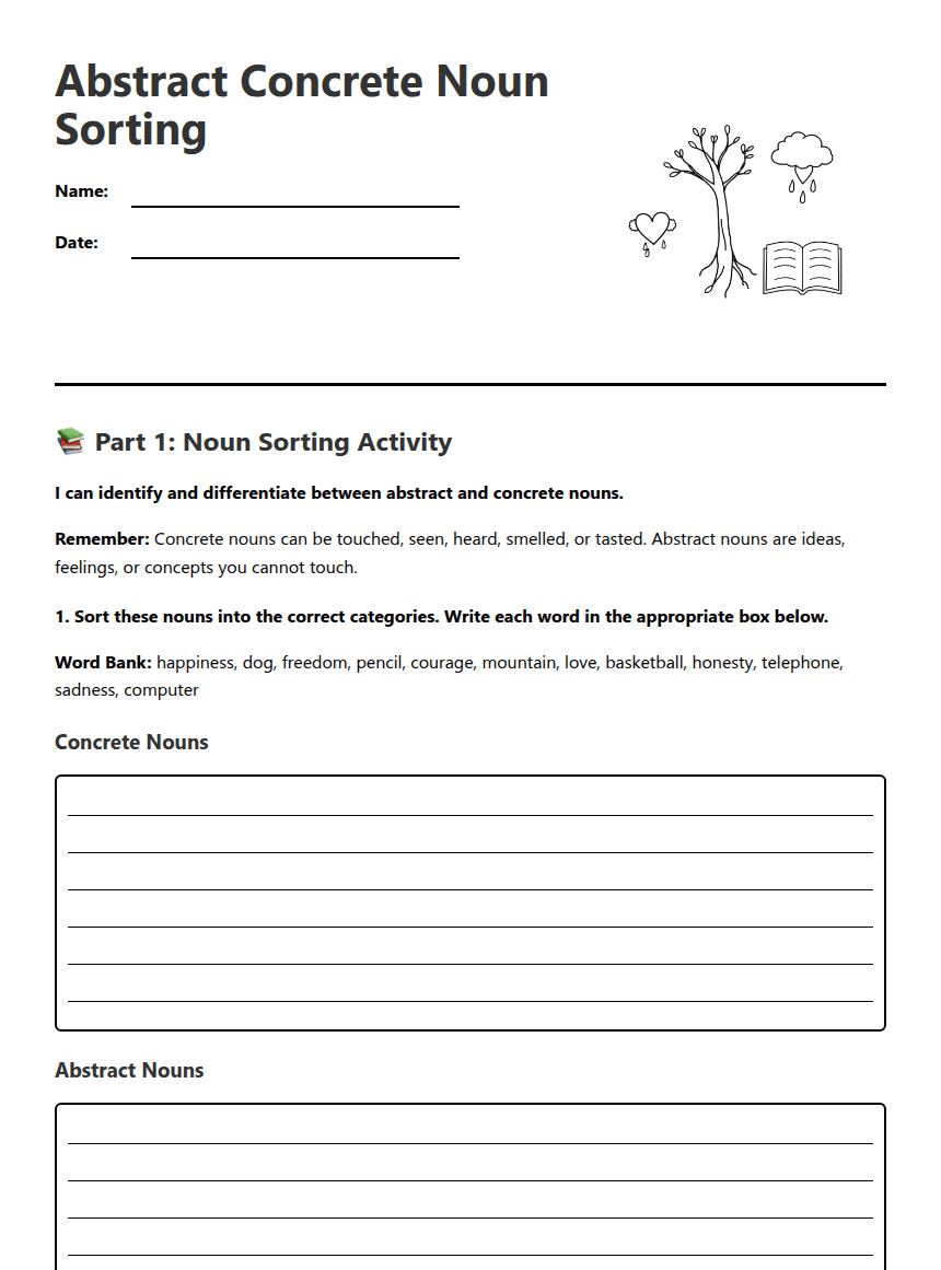 Abstract Concrete Noun Sorting worksheet preview