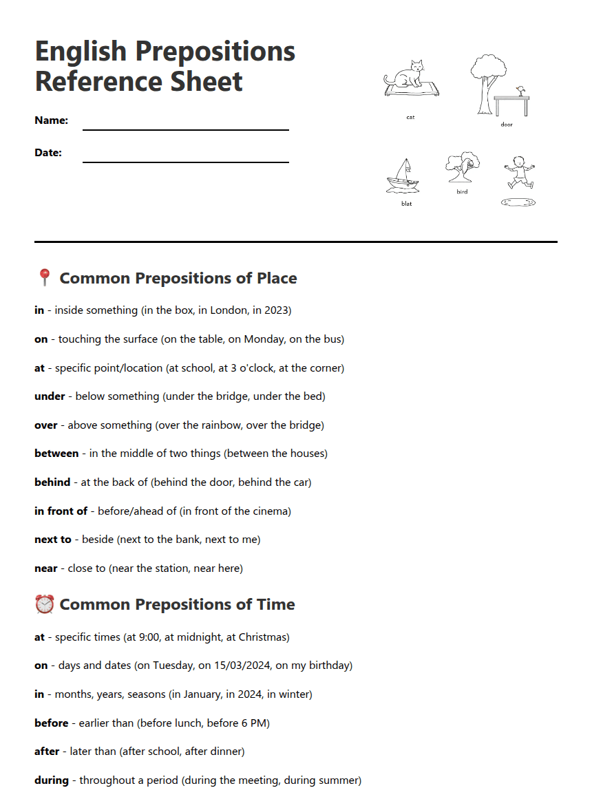 English Prepositions Reference Sheet worksheet preview