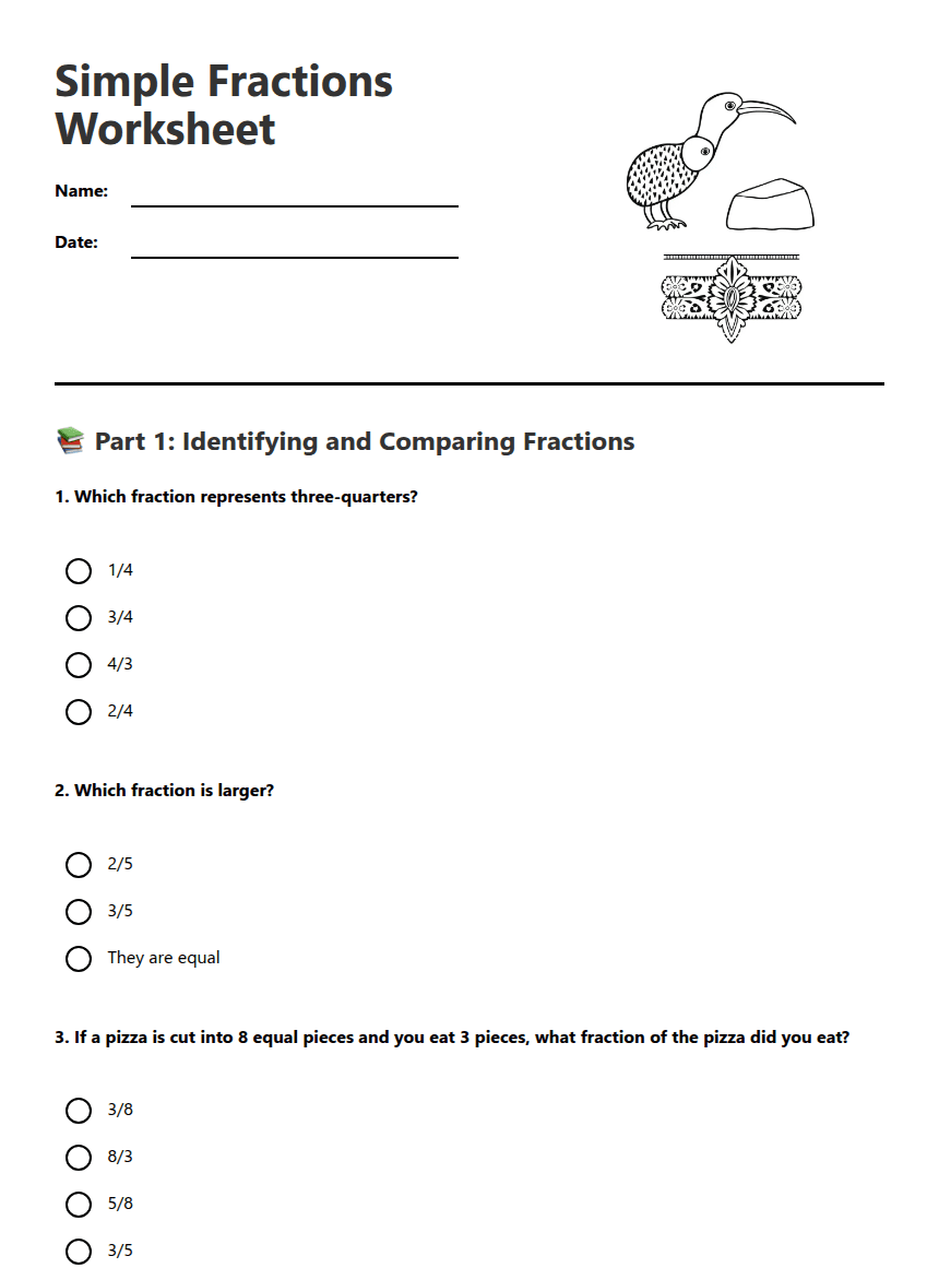 Simple Fractions Worksheet worksheet preview