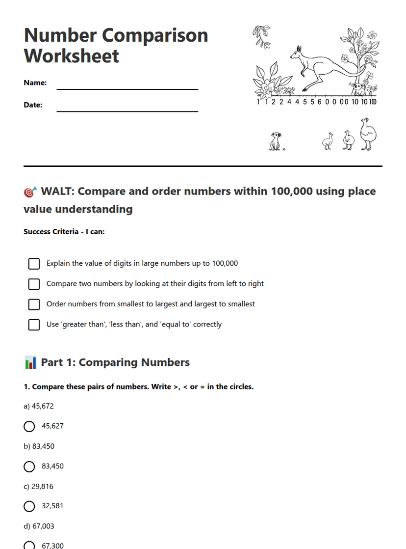 Number Comparison Worksheet