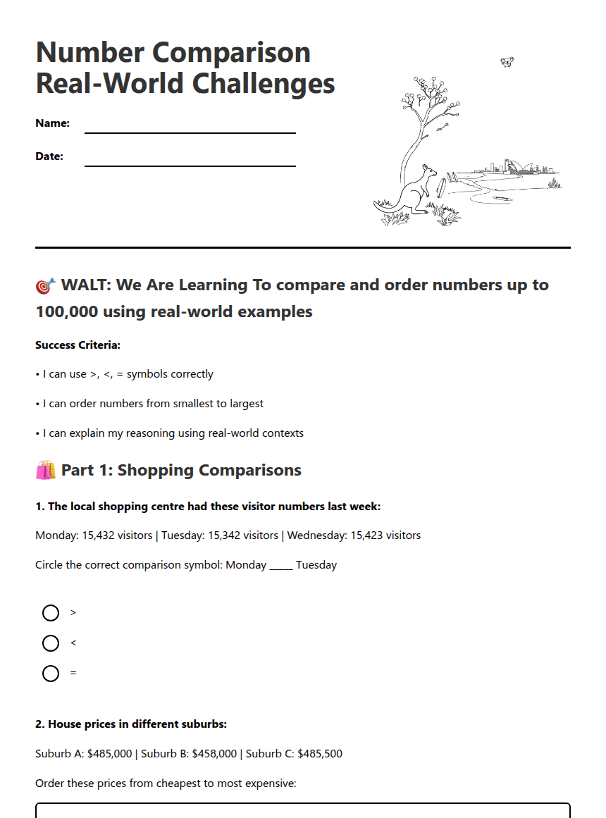 Number Comparison Real-World Challenges worksheet preview