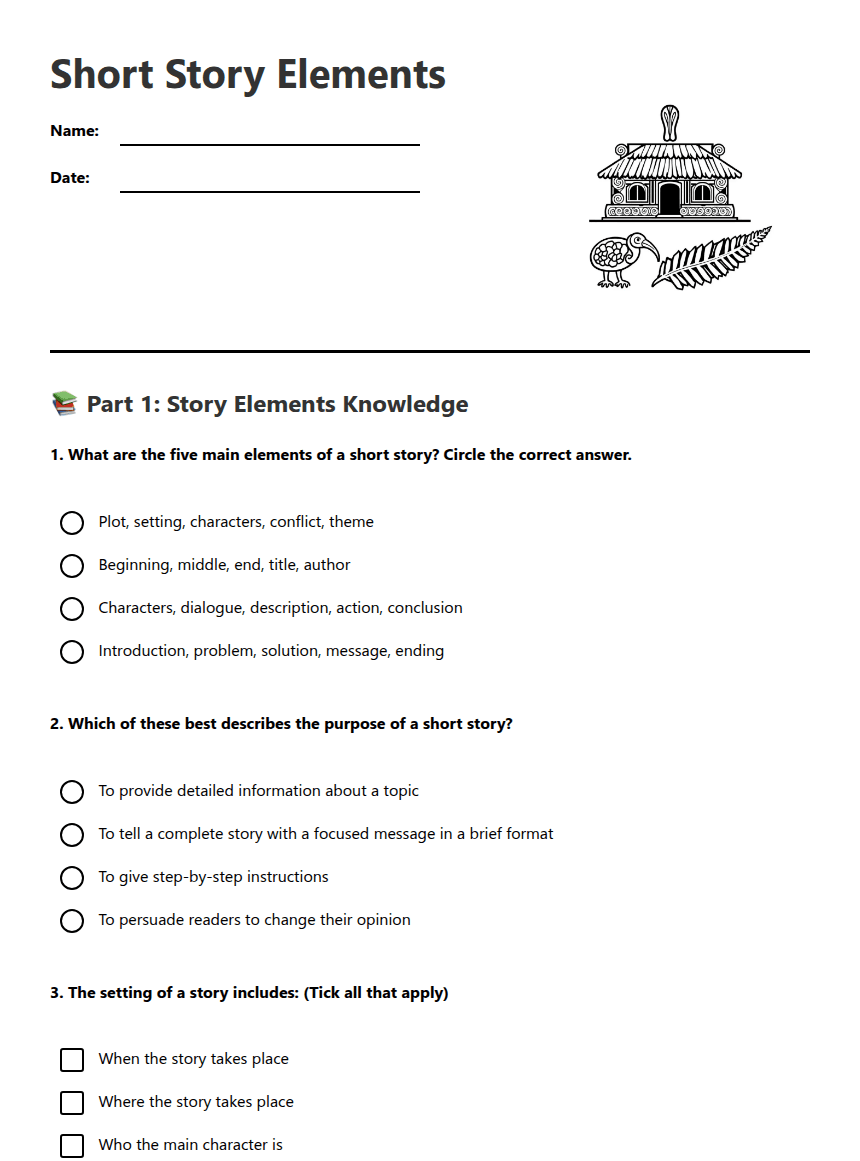 Short Story Elements worksheet preview