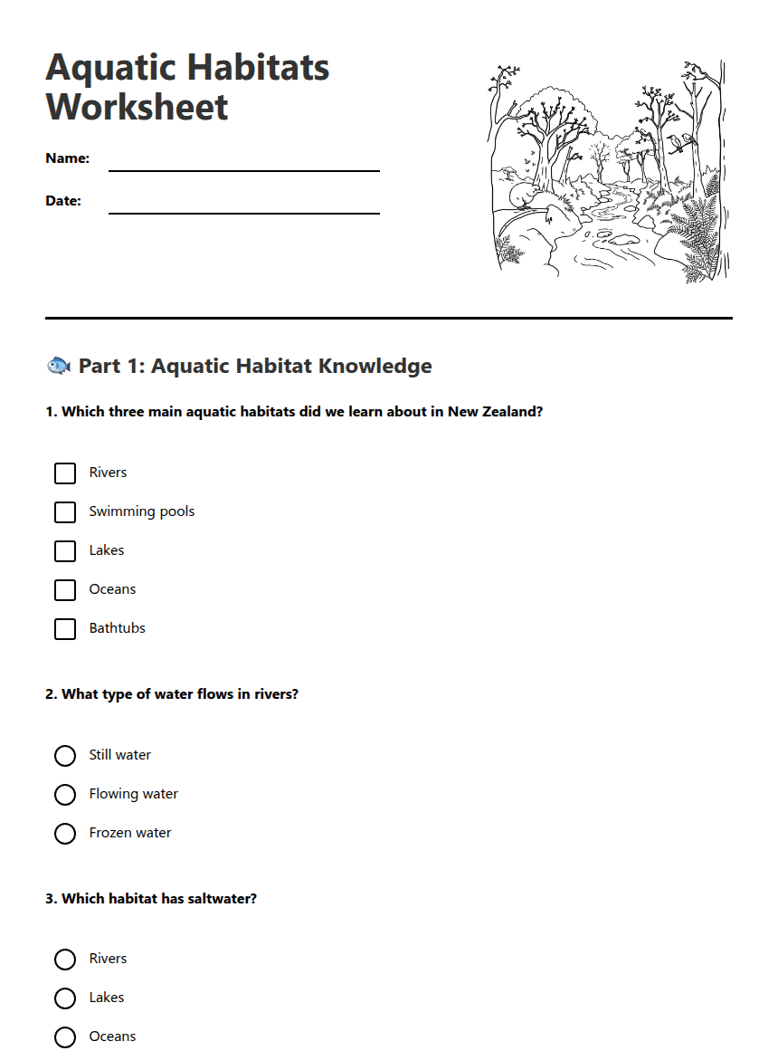 Aquatic Habitats Worksheet worksheet preview
