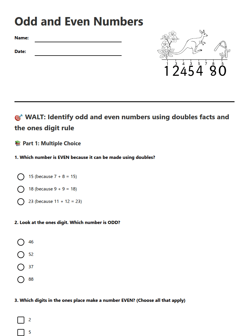 Odd and Even Numbers worksheet preview
