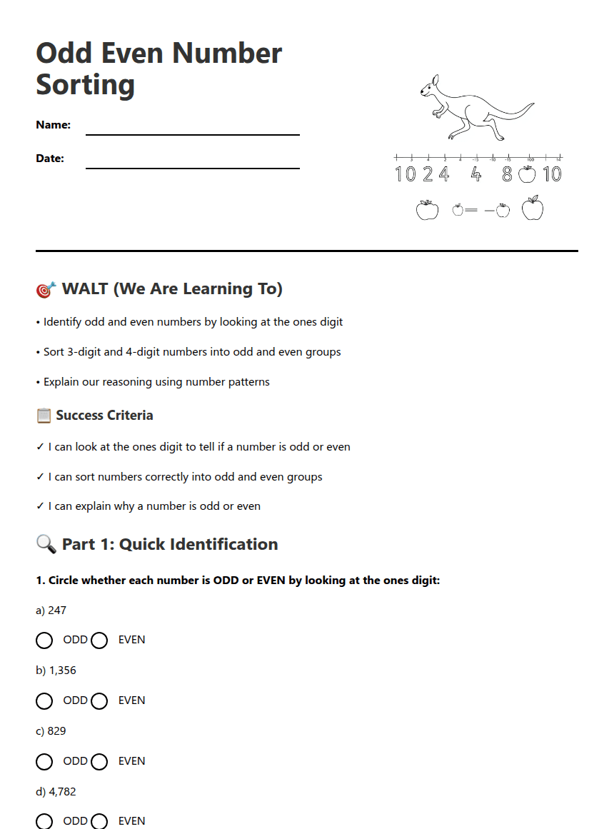 Odd Even Number Sorting worksheet preview