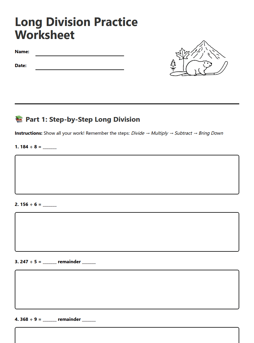 Long Division Practice Worksheet worksheet preview