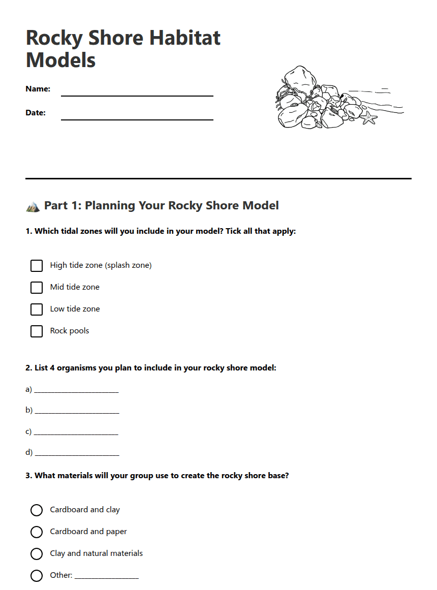 Rocky Shore Habitat Models worksheet preview