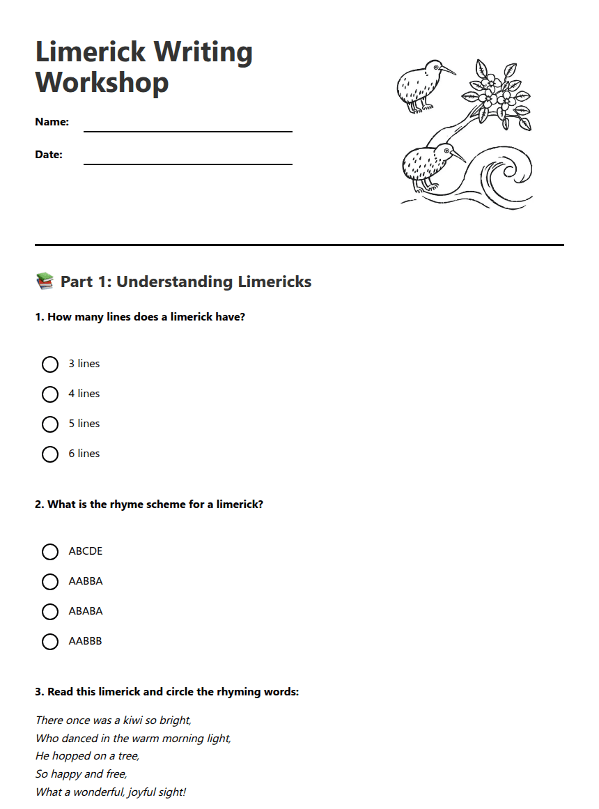 Limerick Writing Workshop worksheet preview
