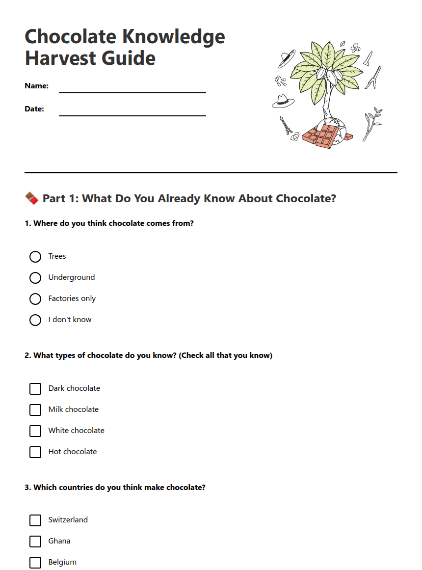 Chocolate Knowledge Harvest Guide worksheet preview
