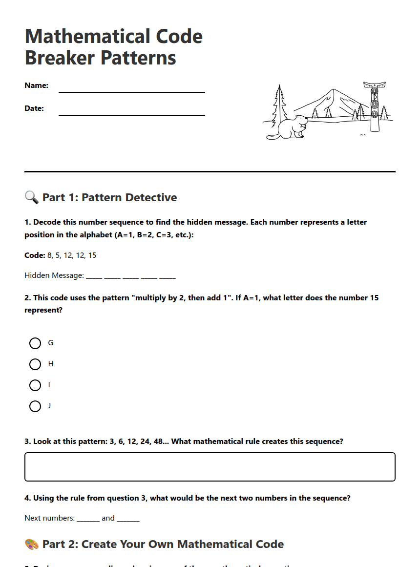 Mathematical Code Breaker Patterns worksheet preview