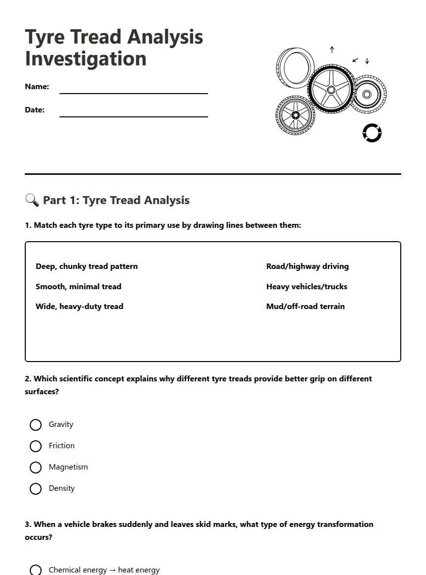 Tyre Tread Analysis Investigation worksheet preview