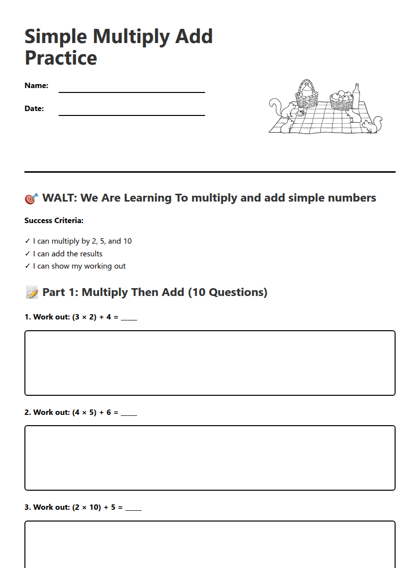 Simple Multiply Add Practice worksheet preview