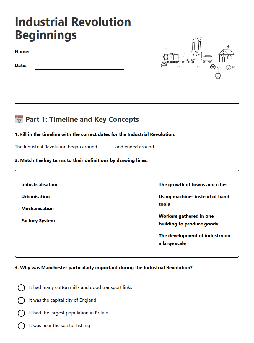 Industrial Revolution Beginnings worksheet preview