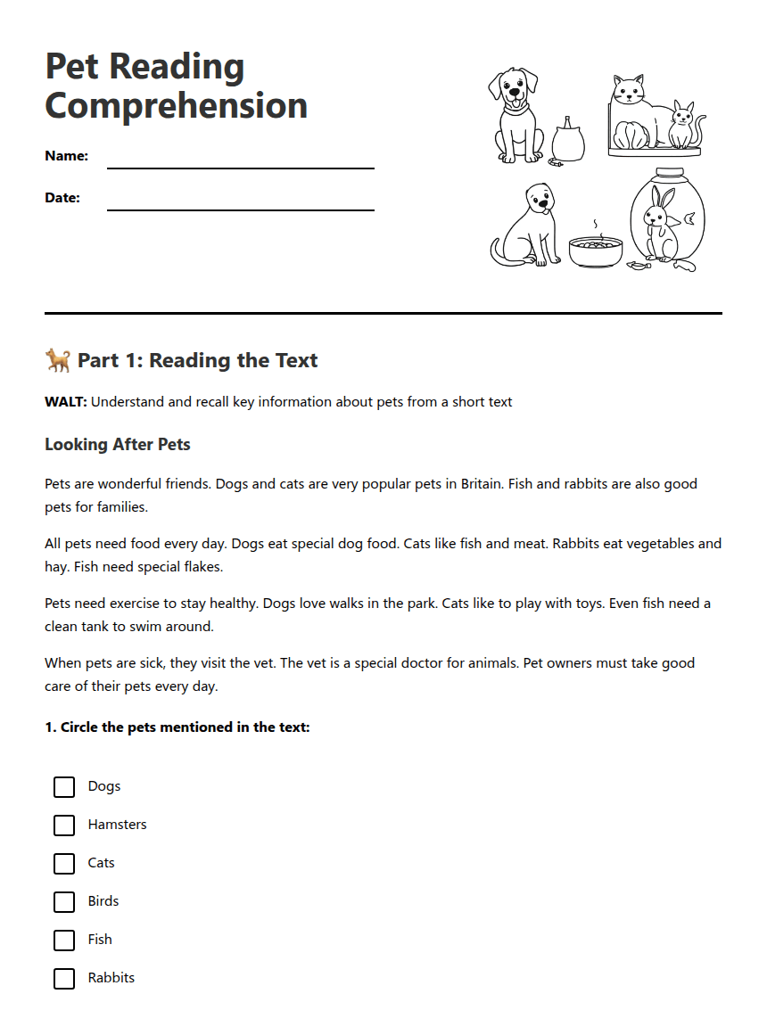 Pet Reading Comprehension worksheet preview
