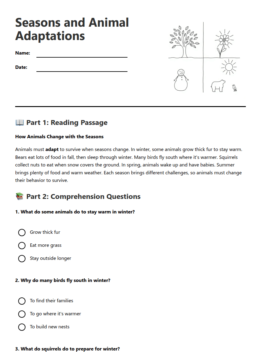 Seasons and Animal Adaptations worksheet preview