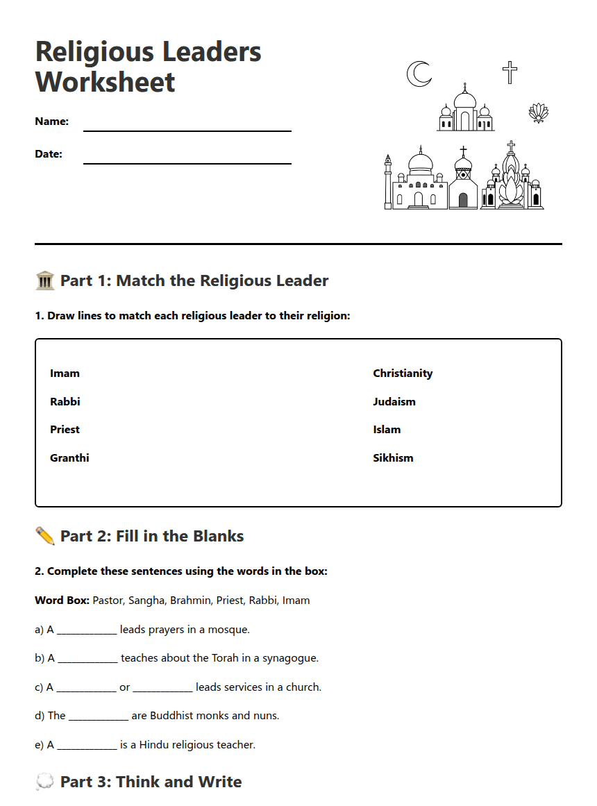 Religious Leaders Worksheet worksheet preview
