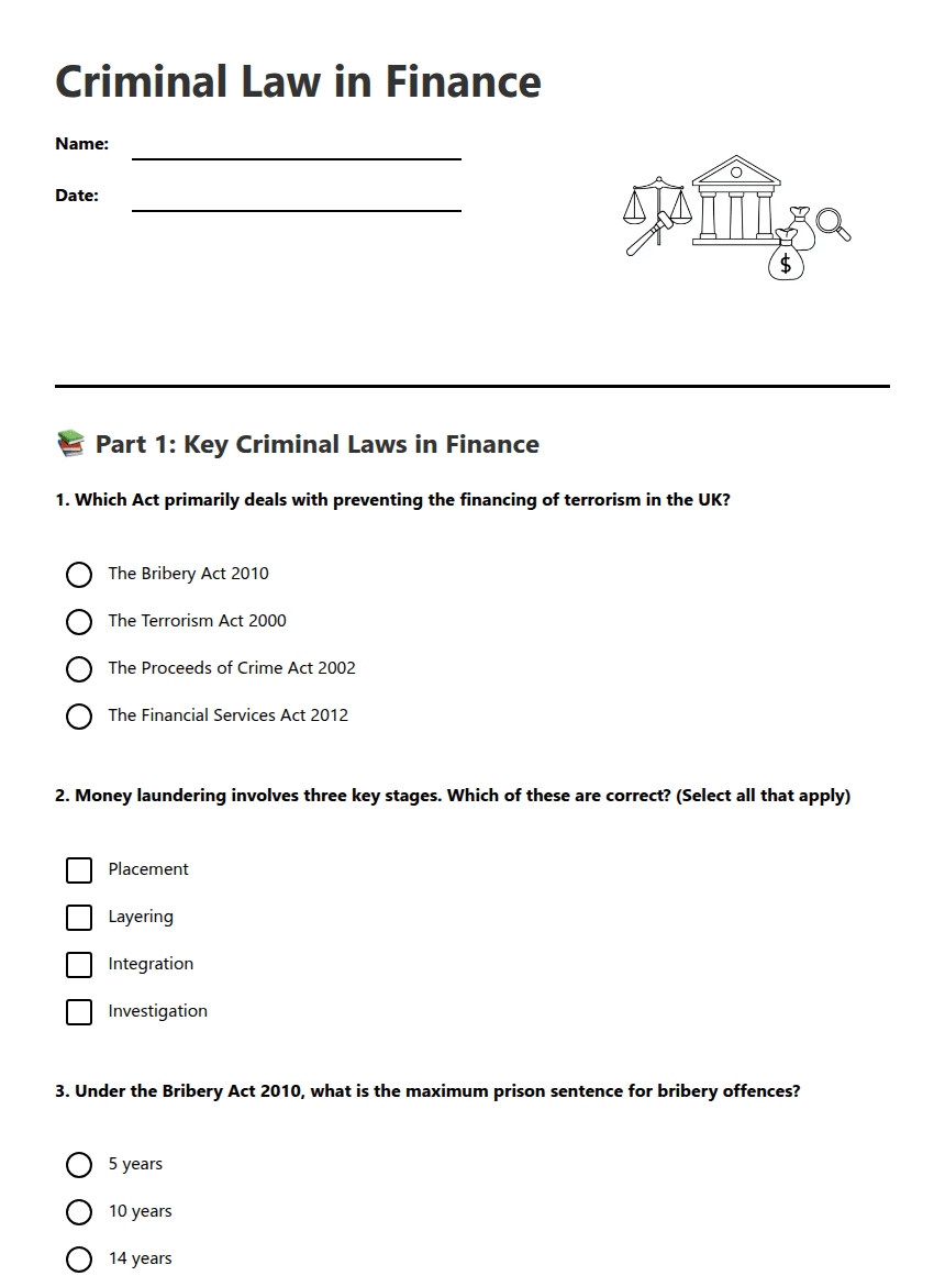 Criminal Law in Finance worksheet preview