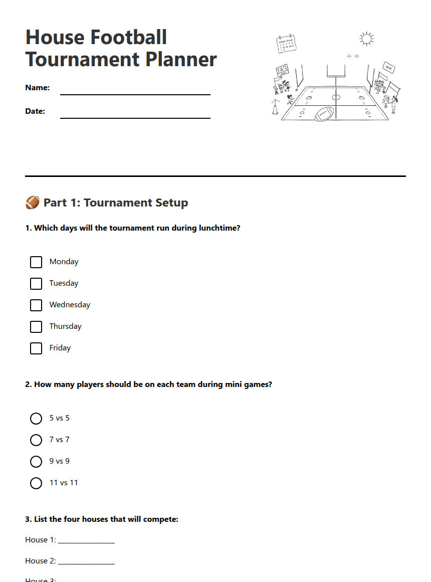House Football Tournament Planner worksheet preview