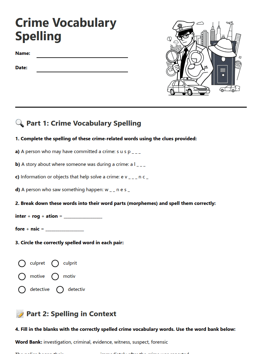 Crime Vocabulary Spelling worksheet preview