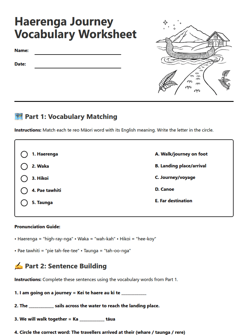 Haerenga Journey Vocabulary Worksheet