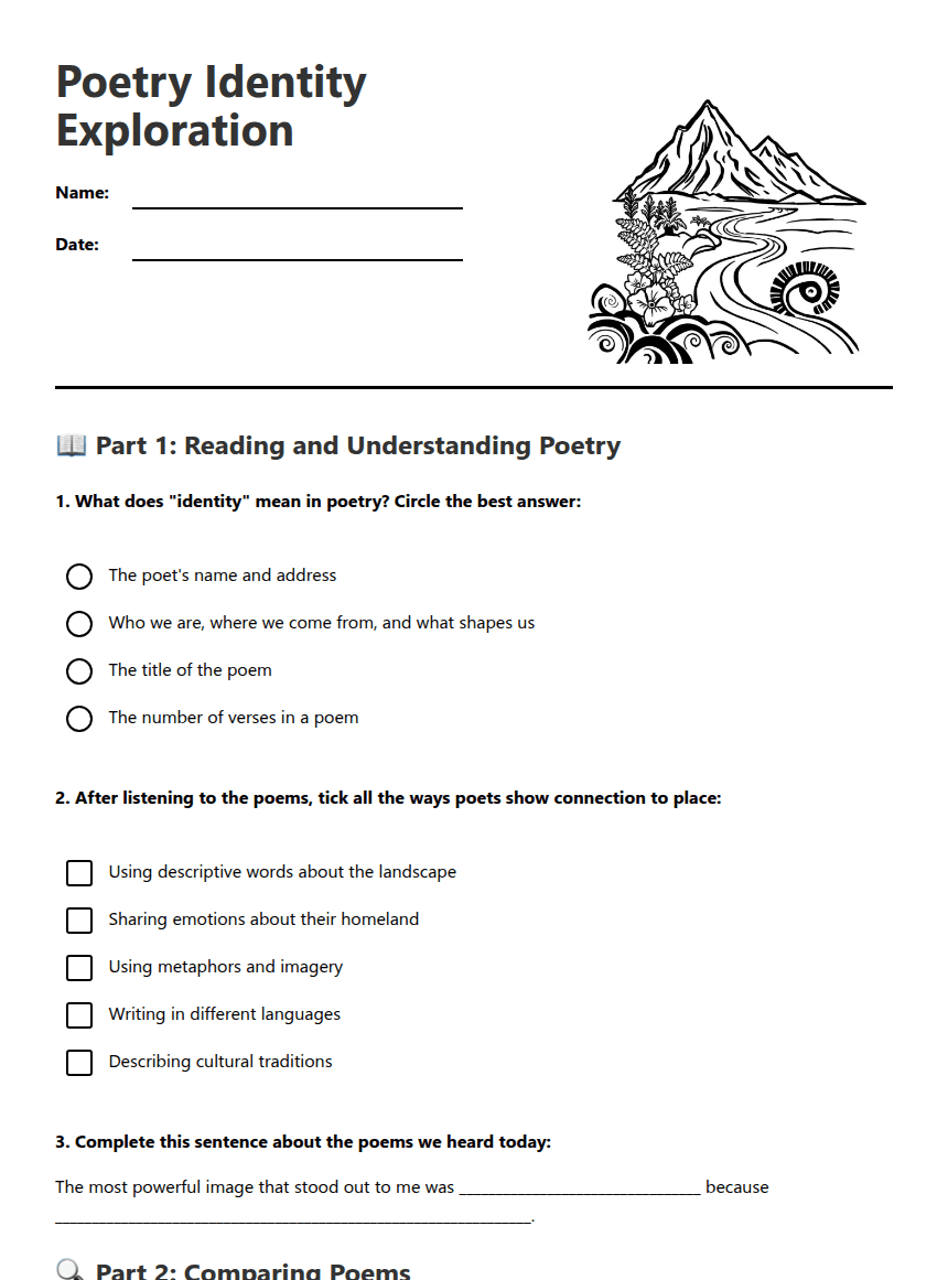 Poetry Identity Exploration worksheet preview