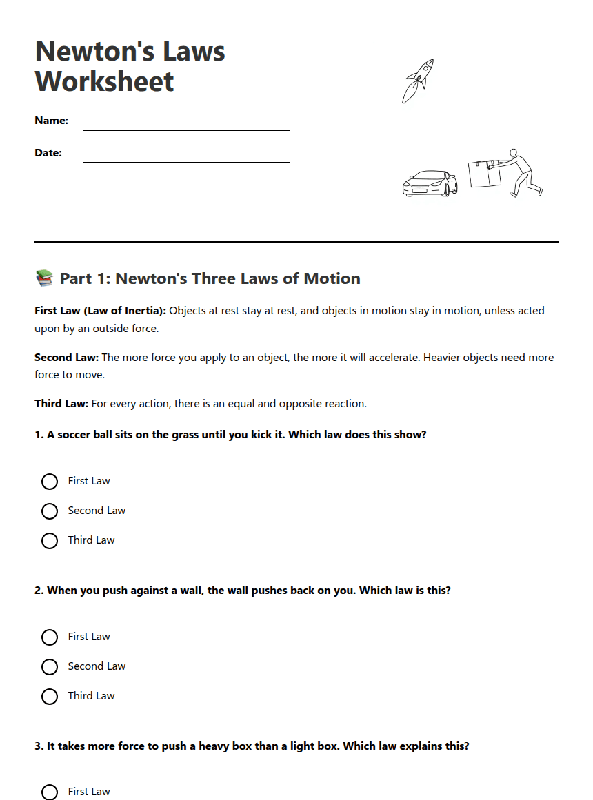 Newton's Laws Worksheet worksheet preview