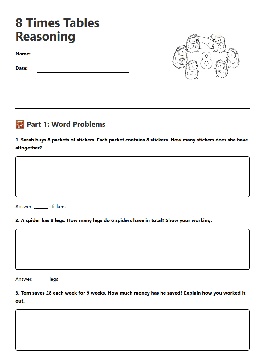 8 Times Tables Reasoning worksheet preview