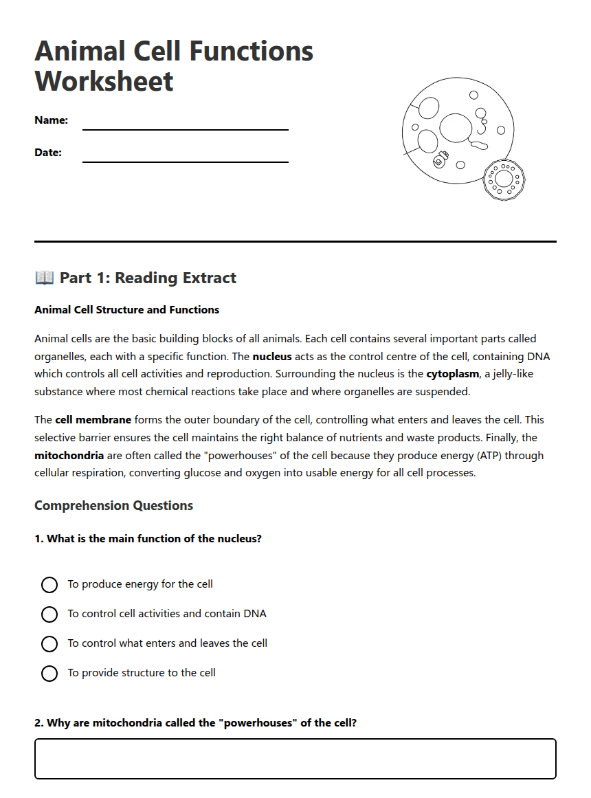 Animal Cell Functions Worksheet worksheet preview
