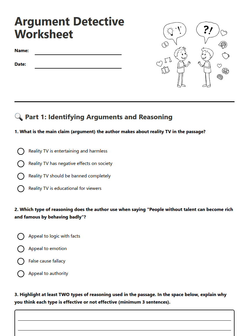 Argument Detective Worksheet worksheet preview