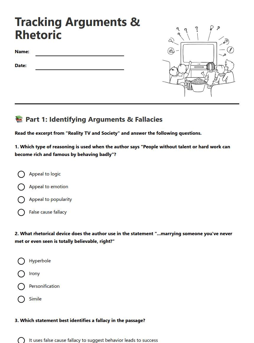 Tracking Arguments & Rhetoric worksheet preview