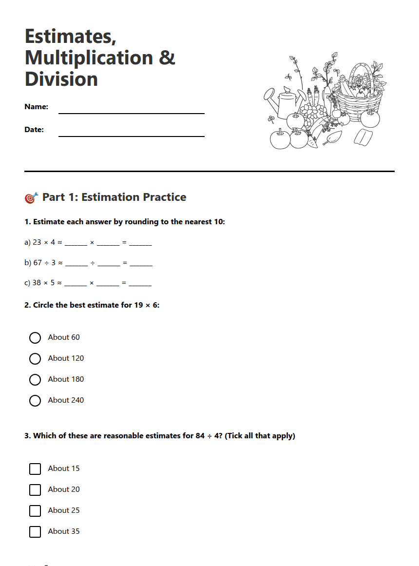 Estimates, Multiplication & Division worksheet preview
