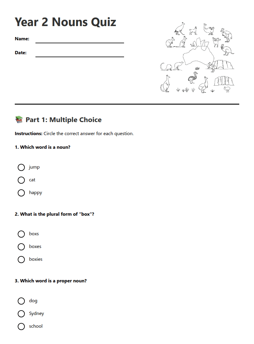 Year 2 Nouns Quiz worksheet preview
