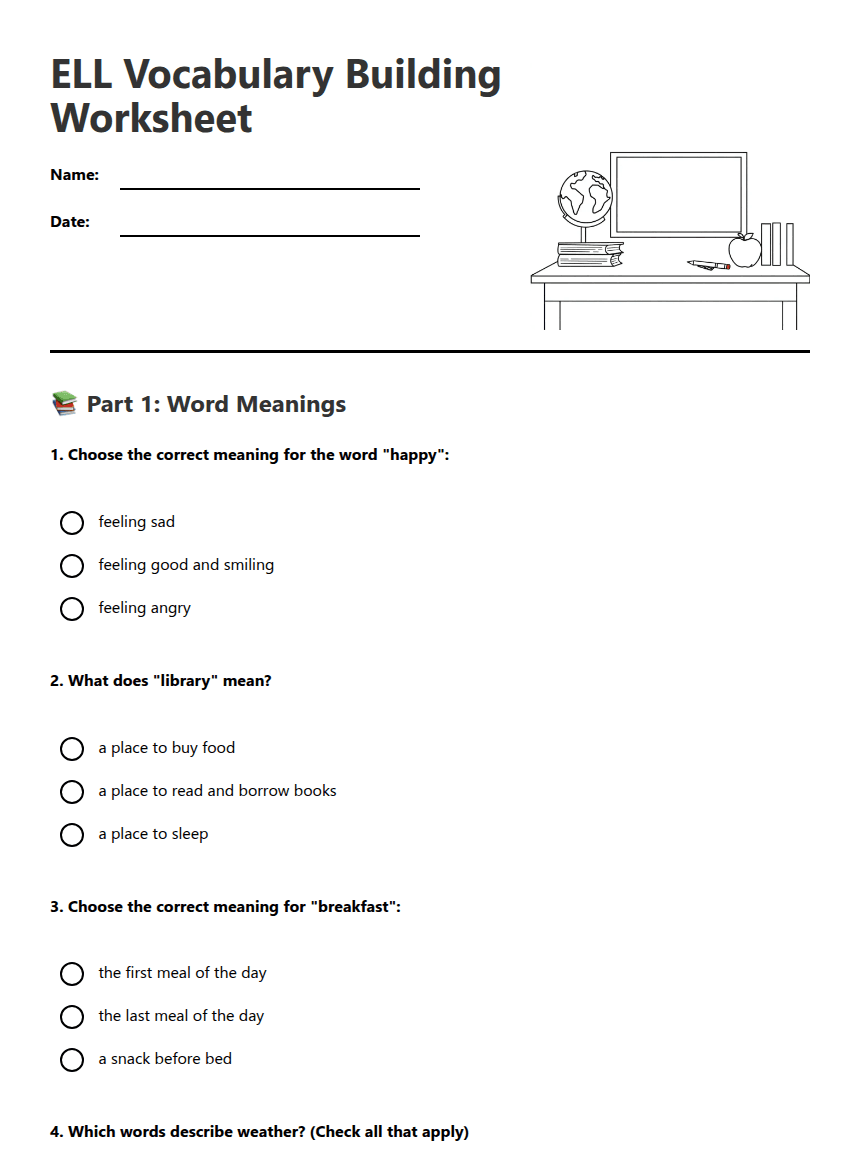 ELL Vocabulary Building Worksheet worksheet preview