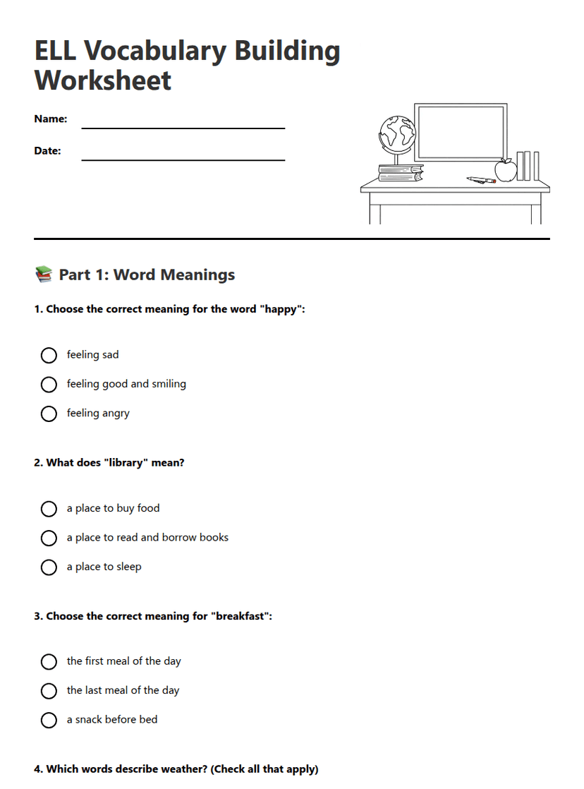 ELL Vocabulary Building Worksheet