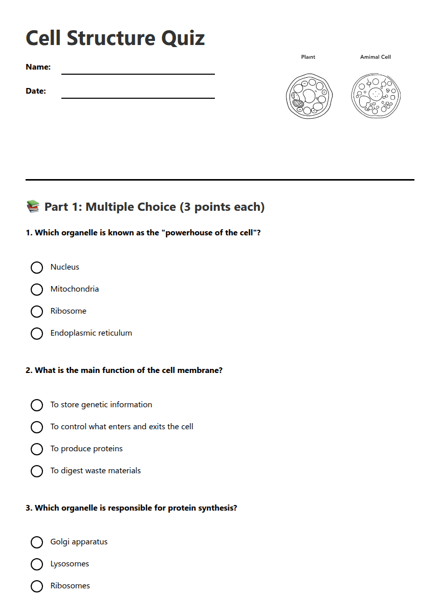 Cell Structure Quiz worksheet preview