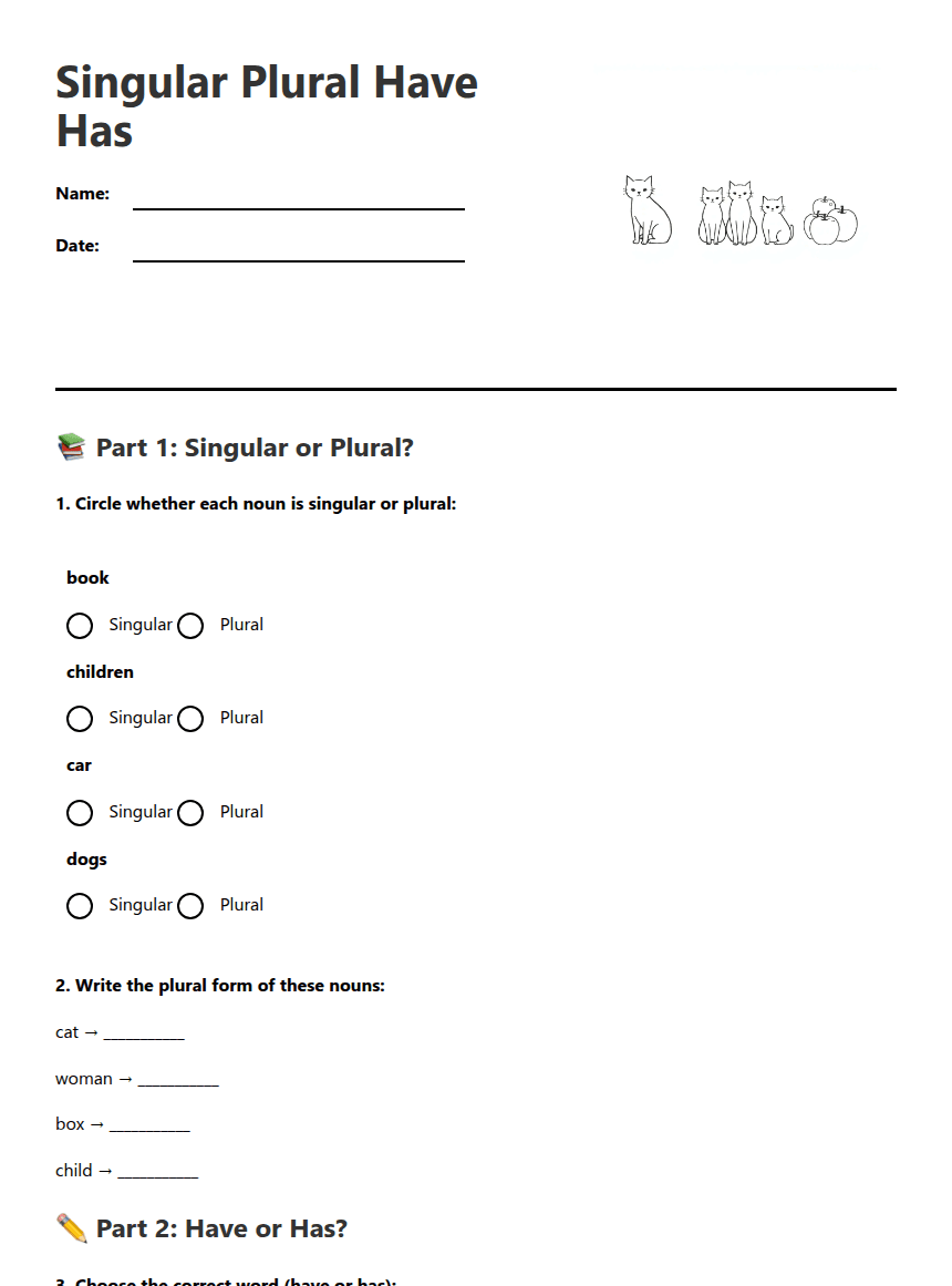 Singular Plural Have Has worksheet preview