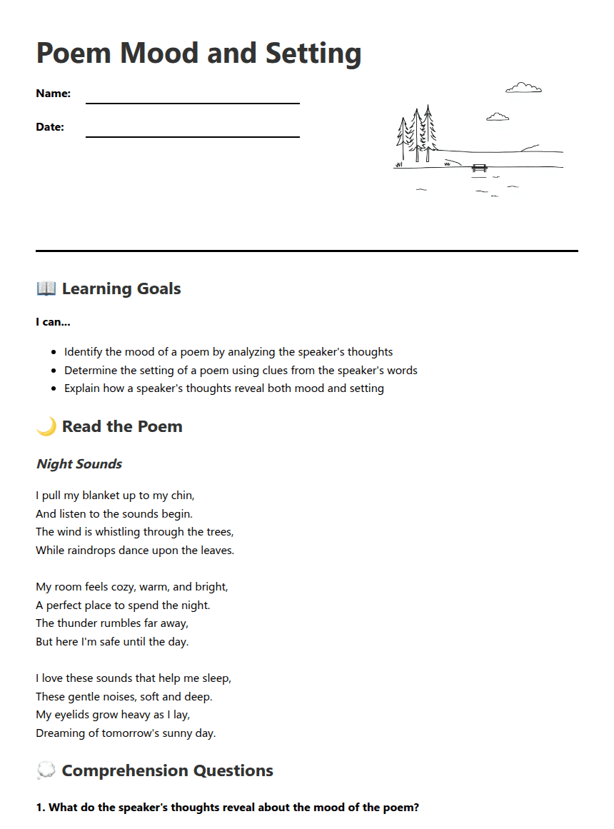 Poem Mood and Setting worksheet preview