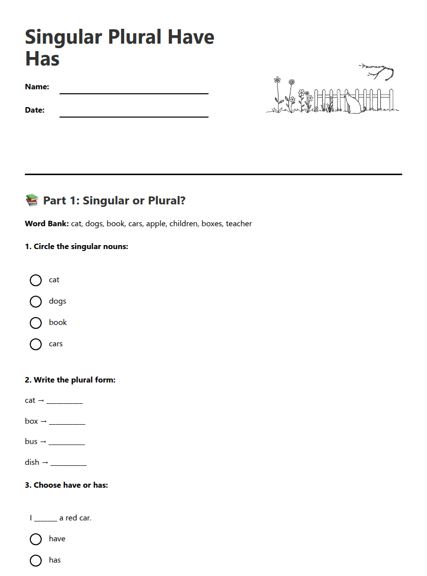 Singular Plural Have Has worksheet preview