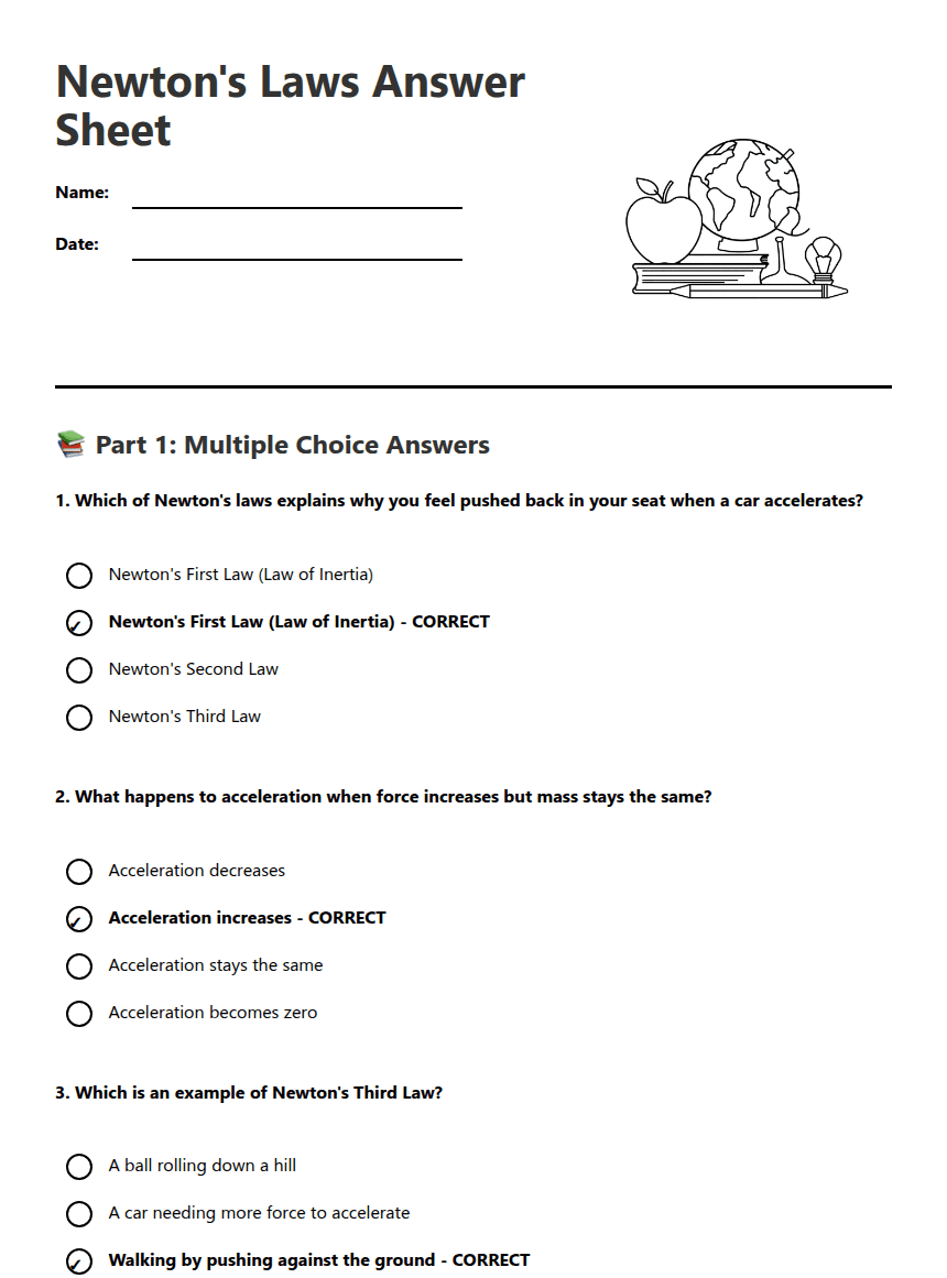 Newton's Laws Answer Sheet worksheet preview