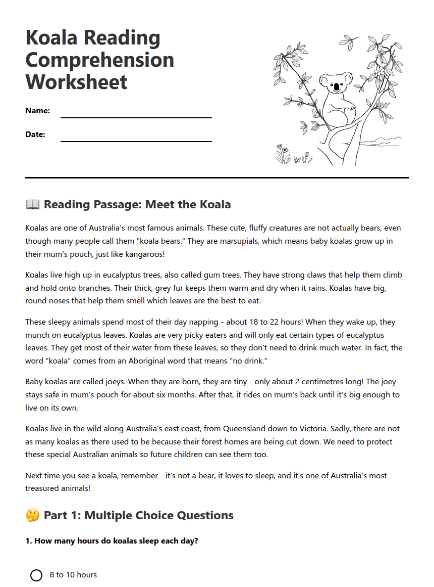 Koala Reading Comprehension Worksheet worksheet preview