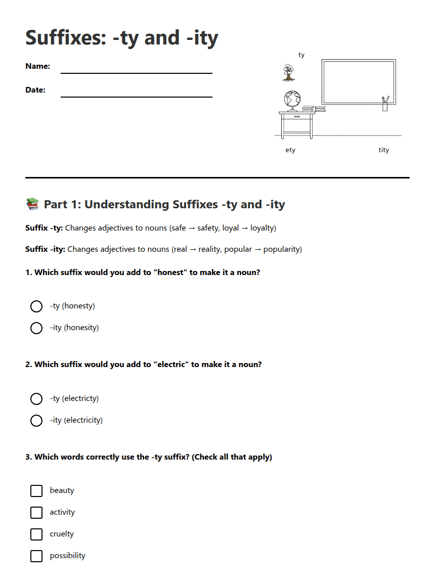 Suffixes: -ty and -ity worksheet preview
