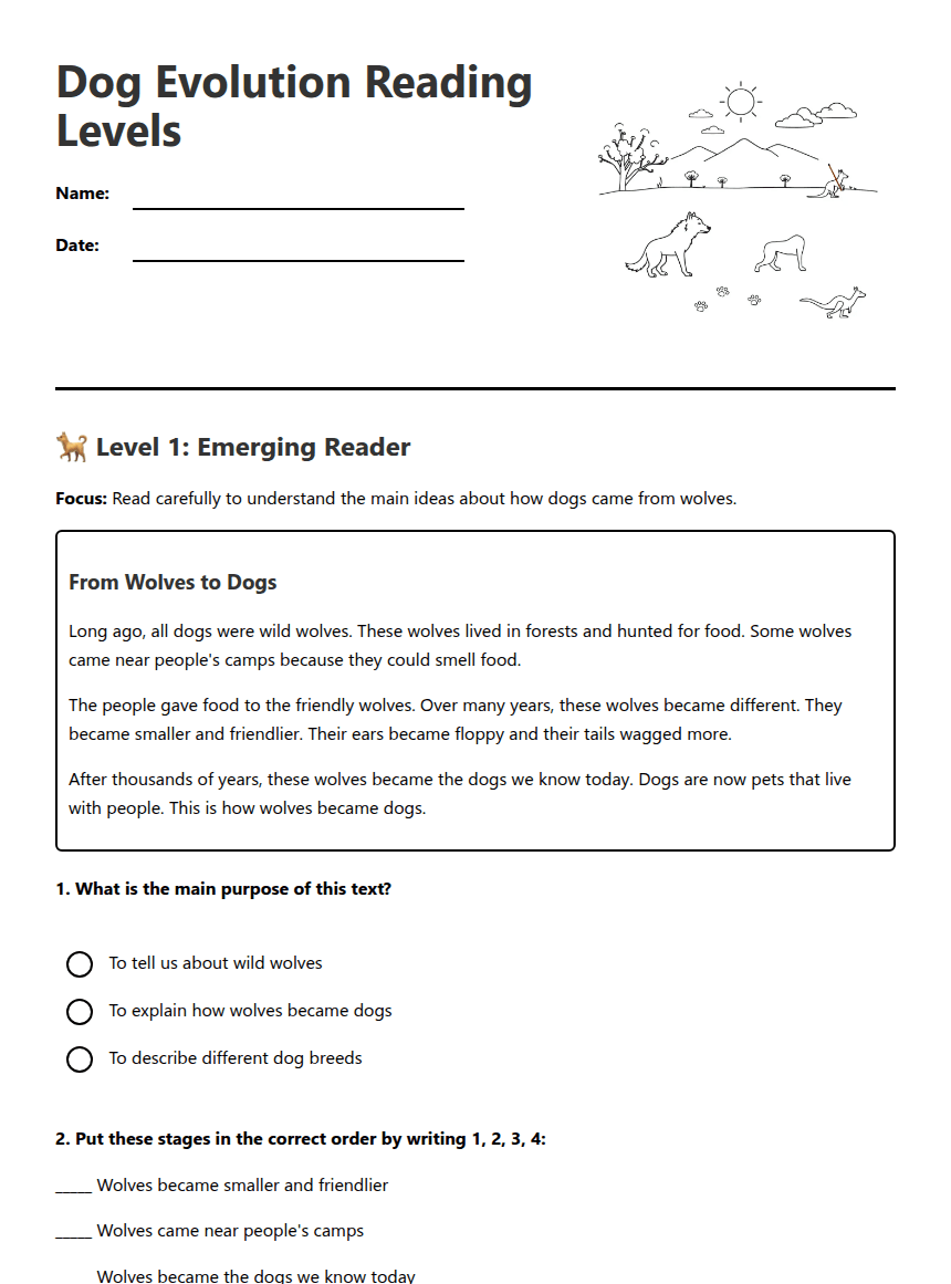 Dog Evolution Reading Levels worksheet preview