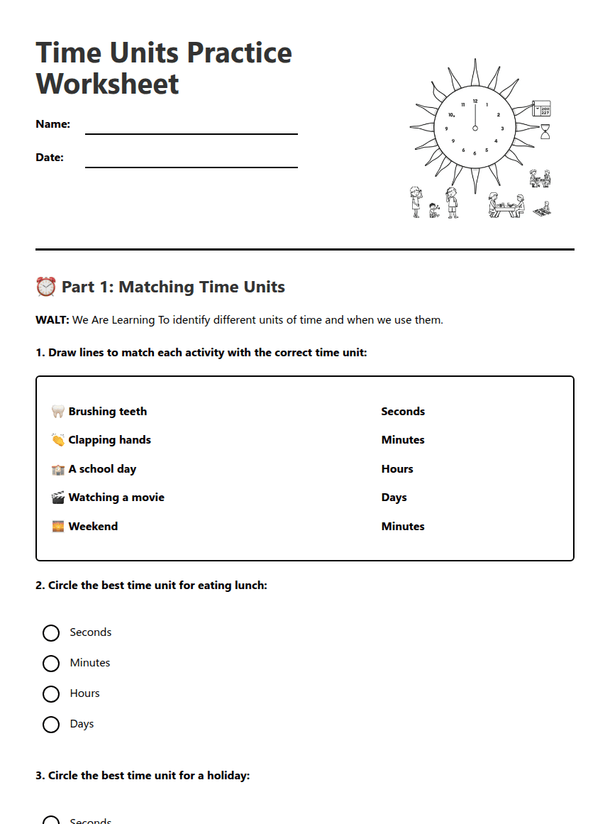 Time Units Practice Worksheet worksheet preview