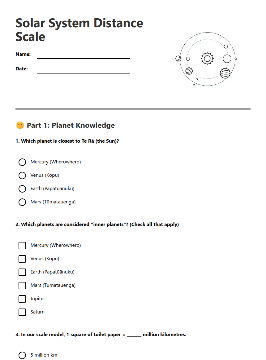 Solar System Distance Scale worksheet preview