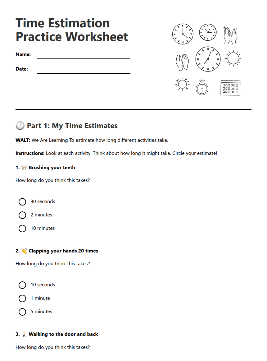Time Estimation Practice Worksheet worksheet preview
