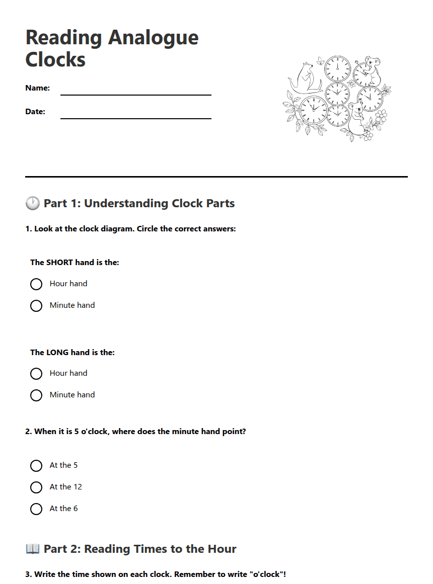 Reading Analogue Clocks worksheet preview