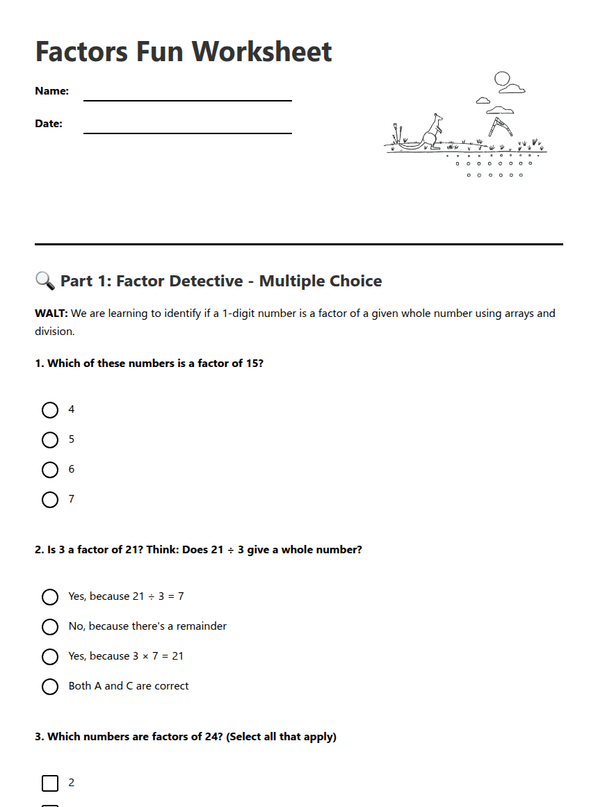 Factors Fun Worksheet worksheet preview