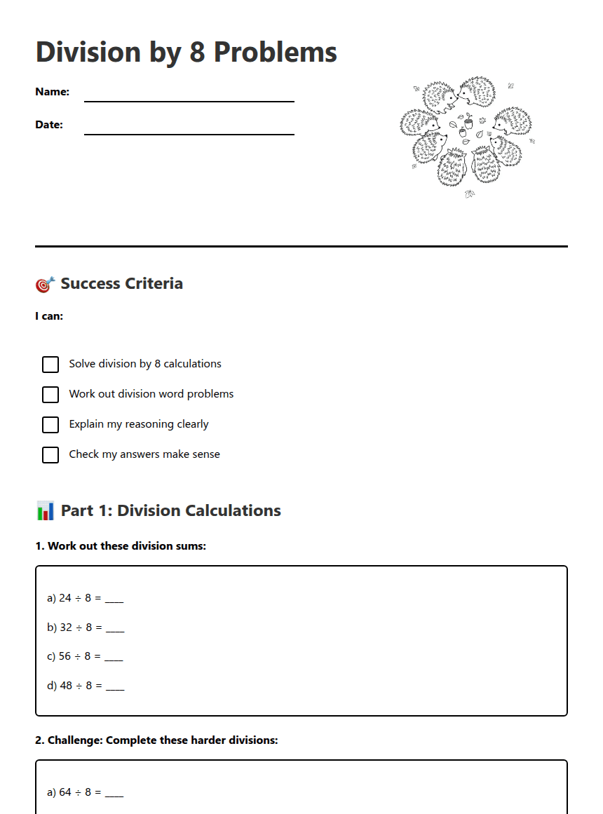 Division by 8 Problems worksheet preview