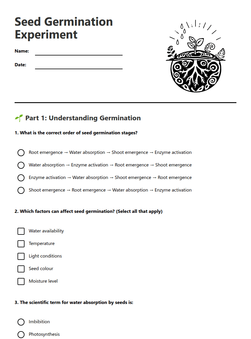Seed Germination Experiment worksheet preview